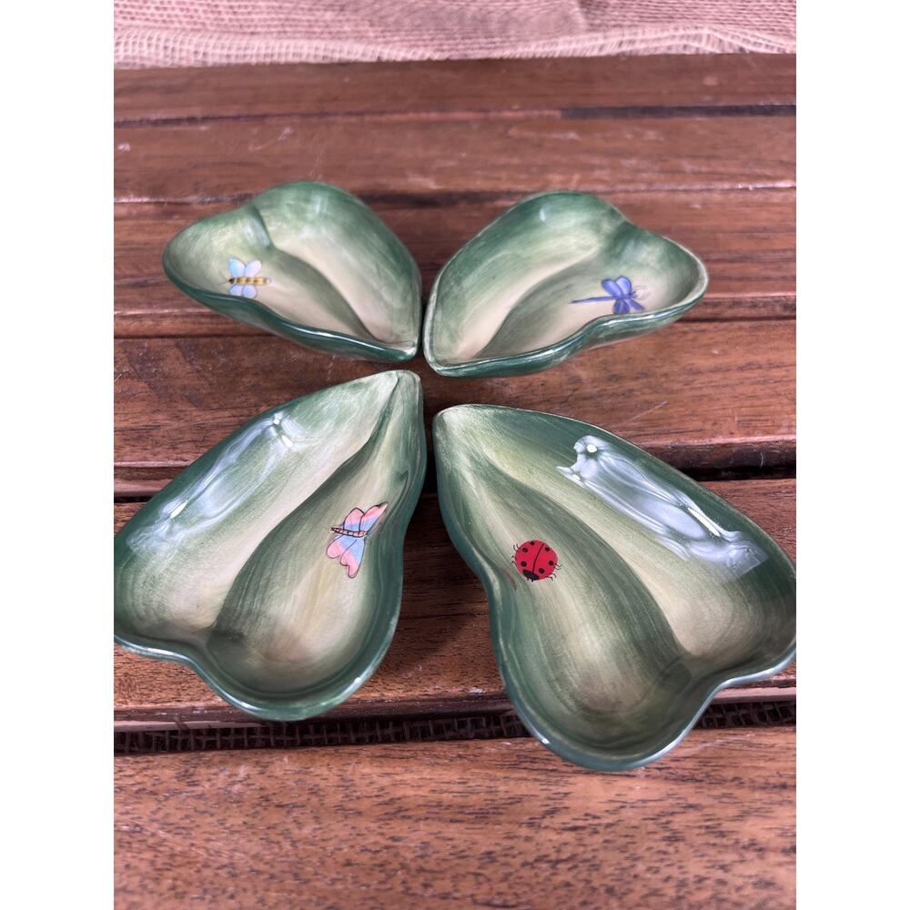 Set Of 4 Harry and David Ceramic Dipping Trinket Bowls Leaves & Bugs~New in Box